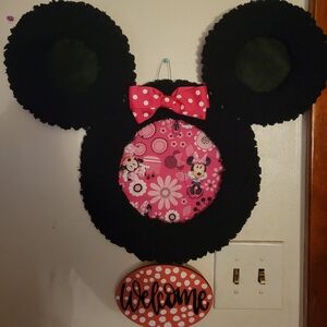 Handmade Minnie Mouse Ears Welcome Wreath with Pink Bow